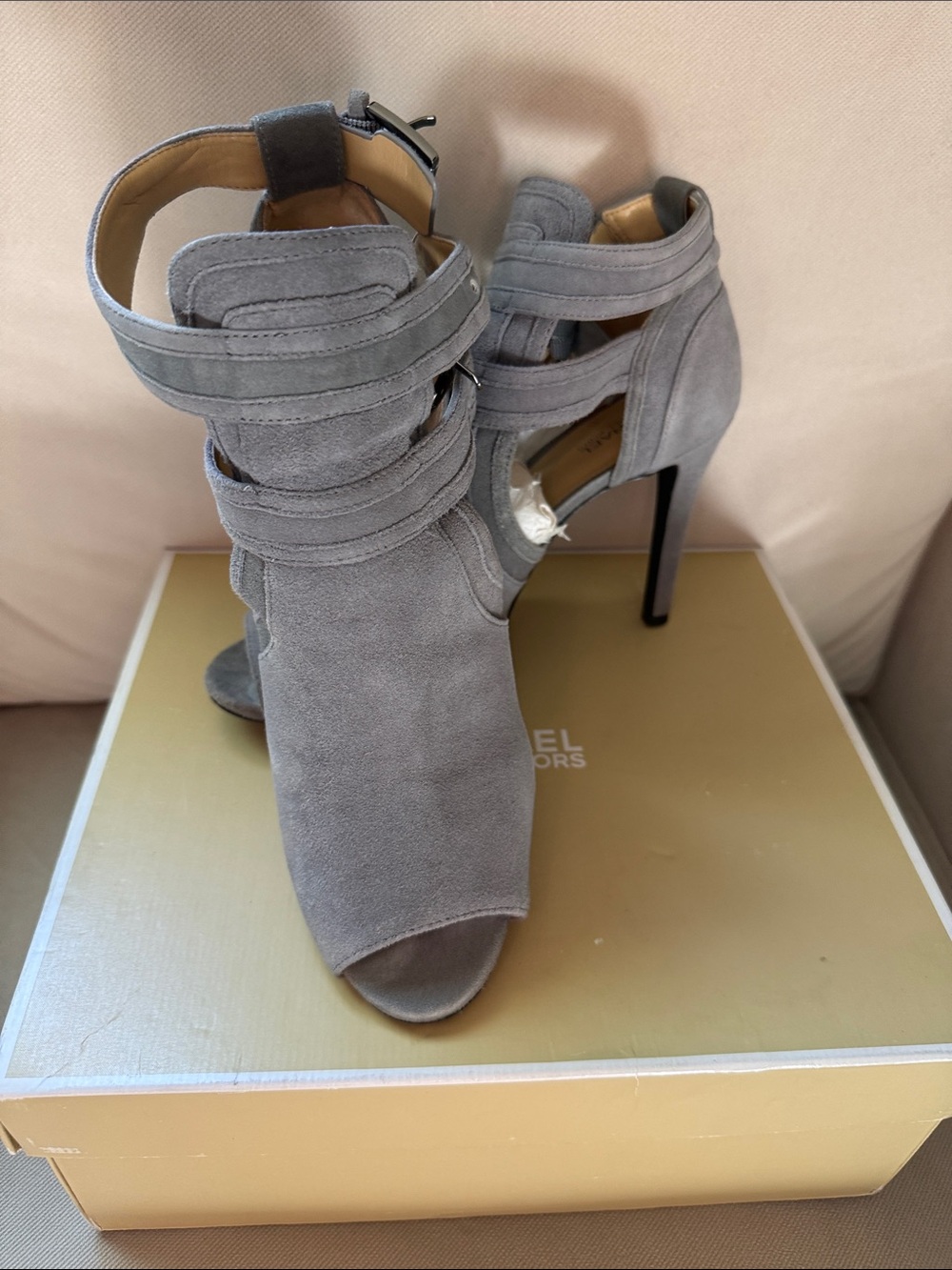 Michael Kors Gray Suede Strappy Open-Toe Stiletto Heels